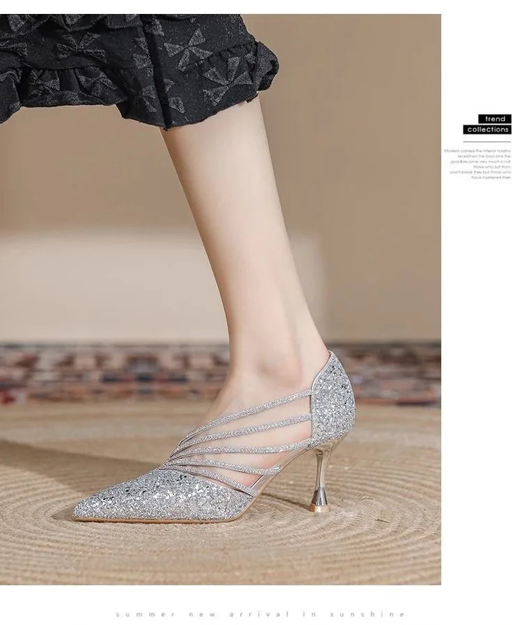 Sexy Pointed Toe Champagne Ladies High Heels New Shiny Crystal Wedding Bridal Shoes Simple and Elegant Women's Dress Shoes
