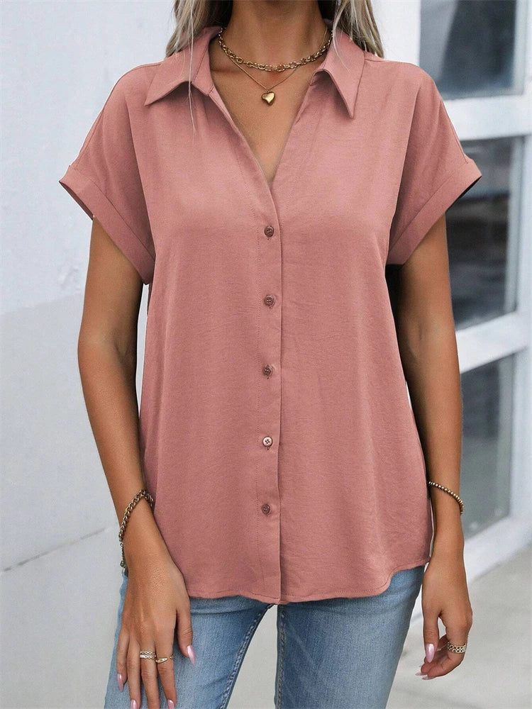 Classic Solid Color Short-sleeved Shirt Women's Summer New Casual Wind Tie Buckle Slim Short-sleeved Shirt Flip Collar Blouse