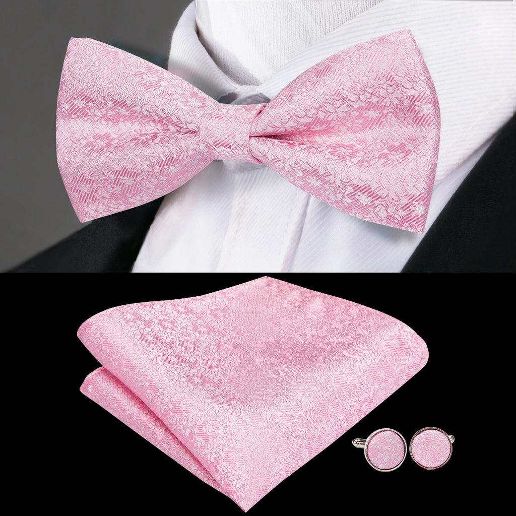 Hi-Tie Pink Dot Silk Mens Pre-tied Bow Tie Hanky Cufflink Set Dusty Pink Butterfly Knot Bowtie for Male Wedding Business