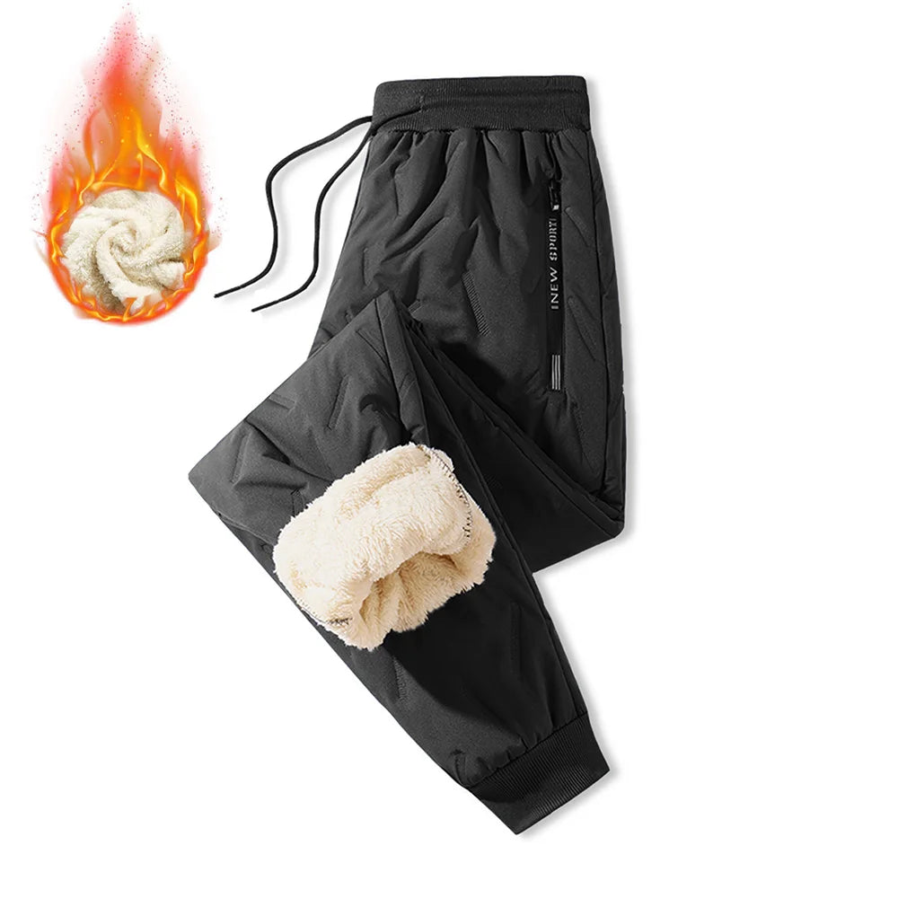 Winter Sweatwear Men's Plush Thick Sweatpant Thermal Zipper Pocket Trousers Casual Jogger Outdoor Windproof Thickened Pants
