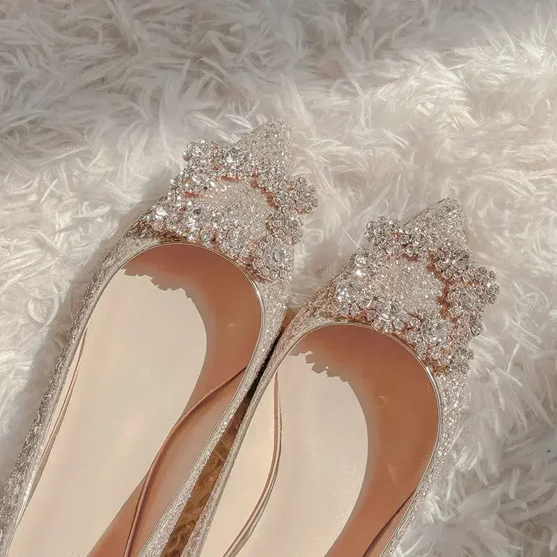 Wedding Shoes Woman Square Buckle Crystal Pointed Toe Flats Glitter Shallow Slip On Comfy Loafers Bling Bling