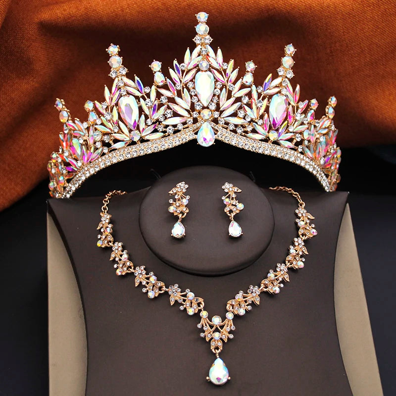 12 Color Bridal Jewelry Sets for Women Wedding Crown Girls Tiaras and Necklace Earrings Bride Party Costume Jewelry Accessories