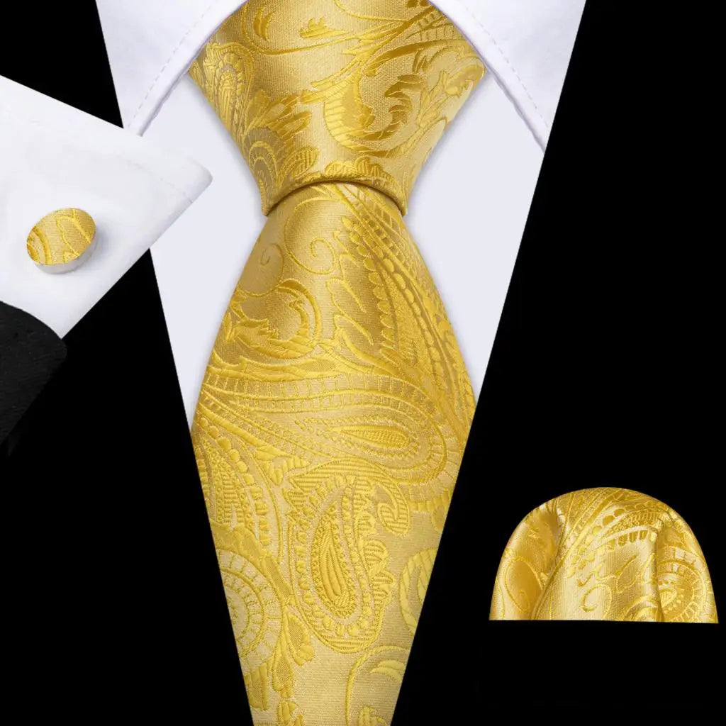 Barry.Wang Gold Beige Yellow Brown Tulip Silk Men Tie Handkerchief Cufflink Set Jacquard Necktie for Male Wedding Business Party