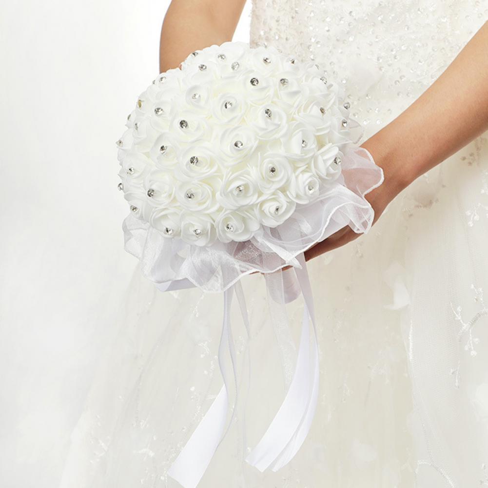 White Faux Silk Diamond Flower Ribbon Bouquet Wedding Bridal Holding Rose Bouquet Fake Flower for Wedding Decoration Flowers