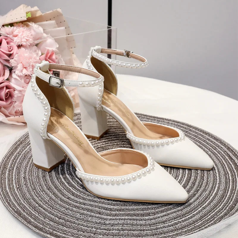 Size 34-48 Pointed Tie High Heels White Bridal Shoes Thick Heel Hollow Handmade Pearls Women's Wedding