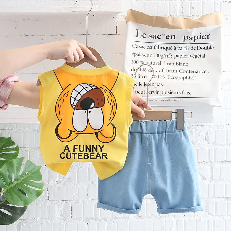 Boys Summer Children Vest Set New Boys Clothes Baby Cartoon Bear Sleeveless T-shirts Shorts 2pcs Casual Sport Sets