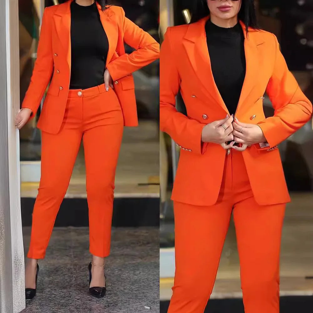 Women Blazer Suits Two 2 Pcs Sale Casual Slim Button Blazer Coats& Button Fitness Slim Full Blazer Pant Sets NMD-20250306003