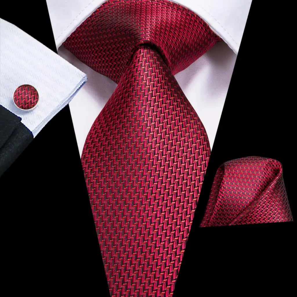 Hi-Tie Designer Red Burgundy Plaid Silk Wedding Tie For Men Handky Cufflink Gift Mens Necktie Fashion Business Party Dropshiping