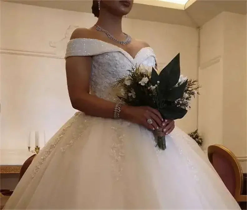 Customized  Off The Shoulder Shinny Beads Appliques Wedding Dress Sweep Train Corset Back Puffy Bridal Gown