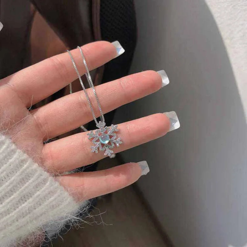 women girl famous moonstone snowflake necklace, female student chain necklace jewelry