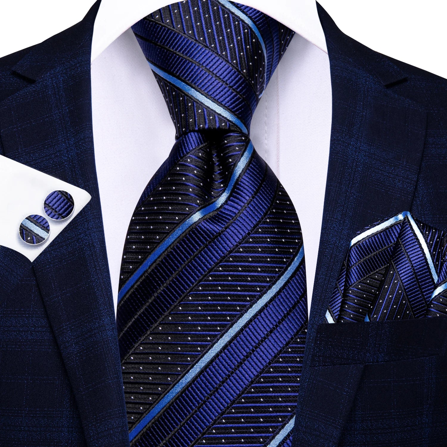 Hi-Tie Striped Burgundy Blue Black Men Elegant Necktie Handkerchief Cufflinks 3PCS Set Fashion Classic Silk Luxury Tie for Man