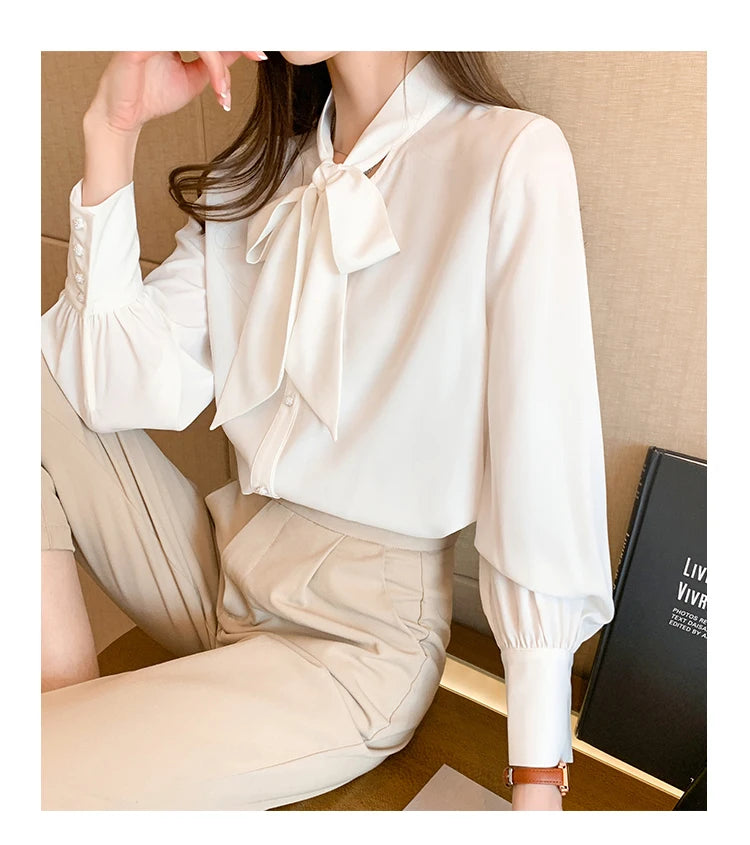 H Han Queen New Arrival Shirt Womens Blouse Vintage Work Casual Tops Chiffon Blouse Bow Elegant Loose Women Business Shirts 2021