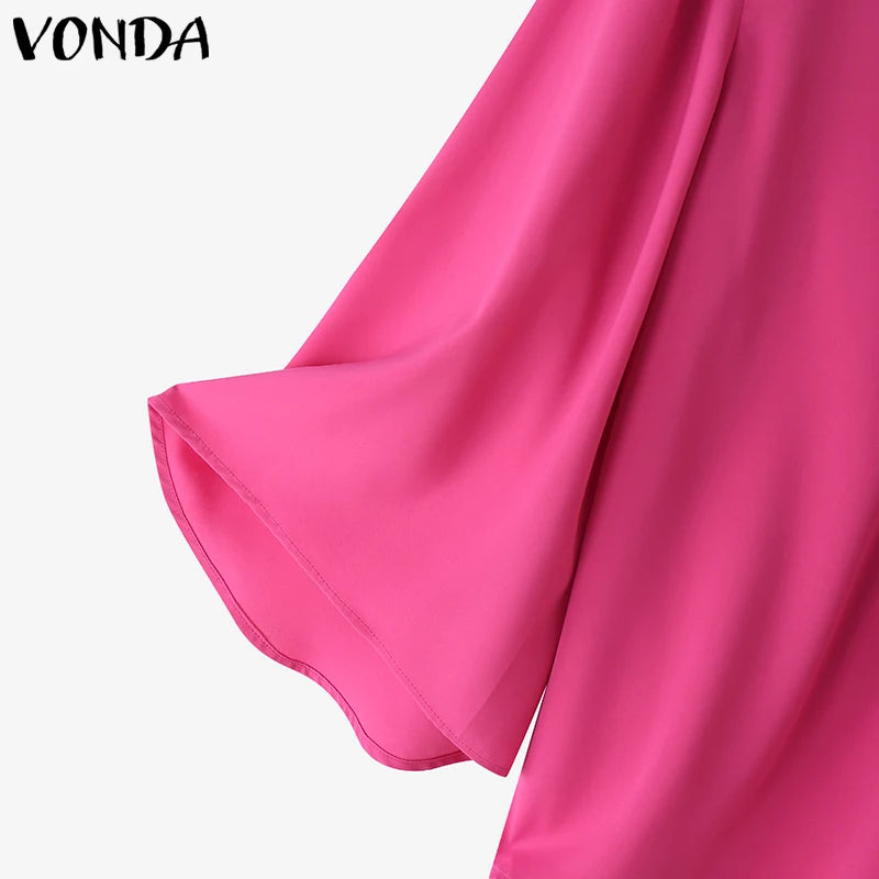 VONDA Plus Size Fashion Blouse Women Elegant OL Shirts Casual Hollow Out V Neck Solid Color Tunic Tops 3/4 Sleeve Blusas 5XL