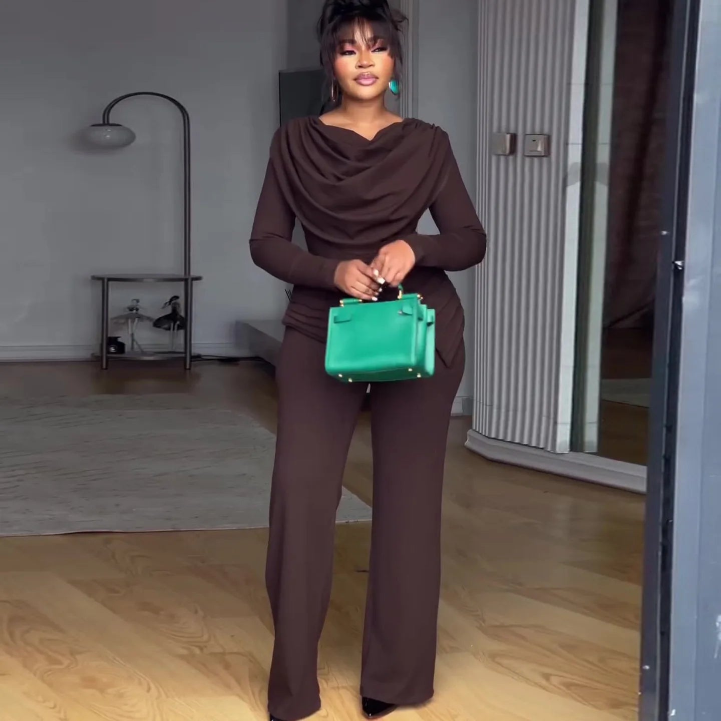 Swing Collar Ruched Jumpsuit Long Sleeve Solid Elegant Office Lady Asymmetric Hem Casual Vintage Ruched Slim Rompers Autumn