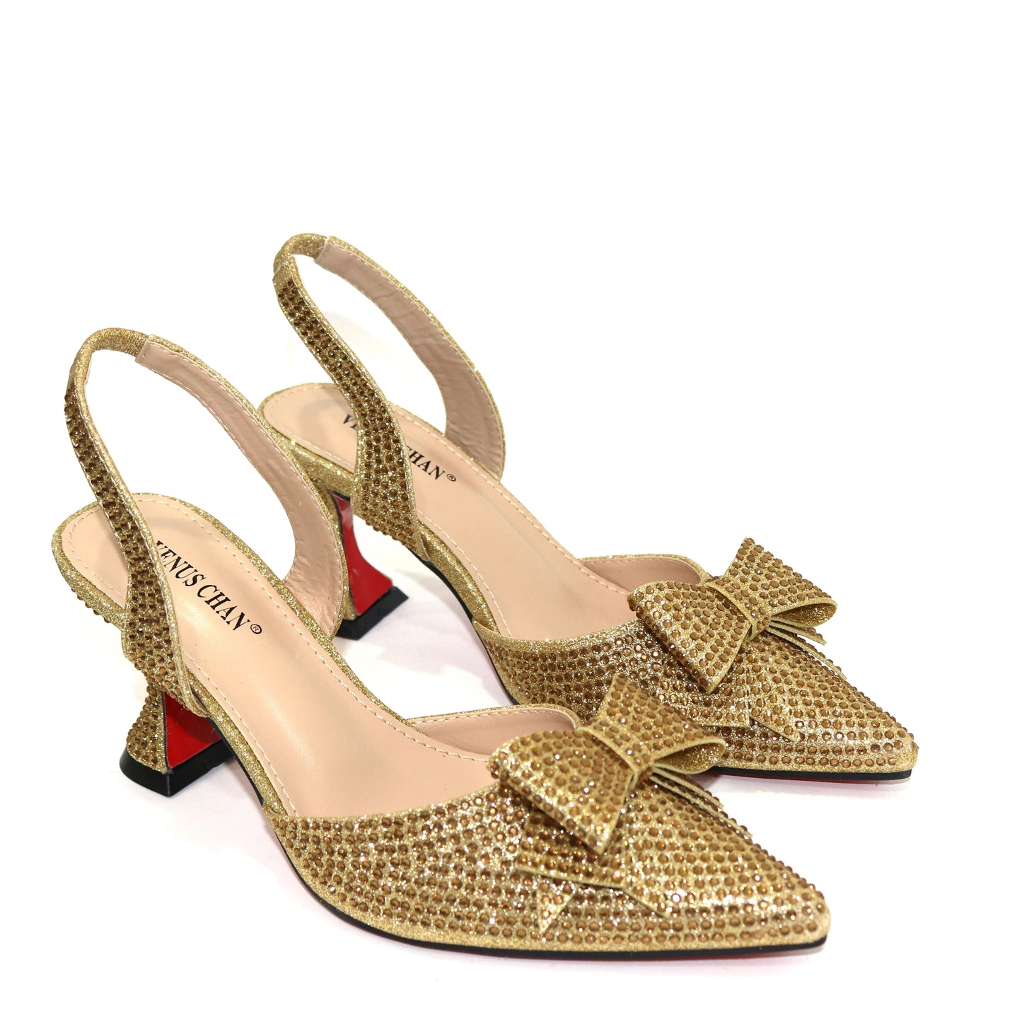 Venus Chan Bridal High Heels for Women 2023 Pointed Toe With Bows Gold Color Rhinestone  Elegant Party Wedding Shoe and Bag Set