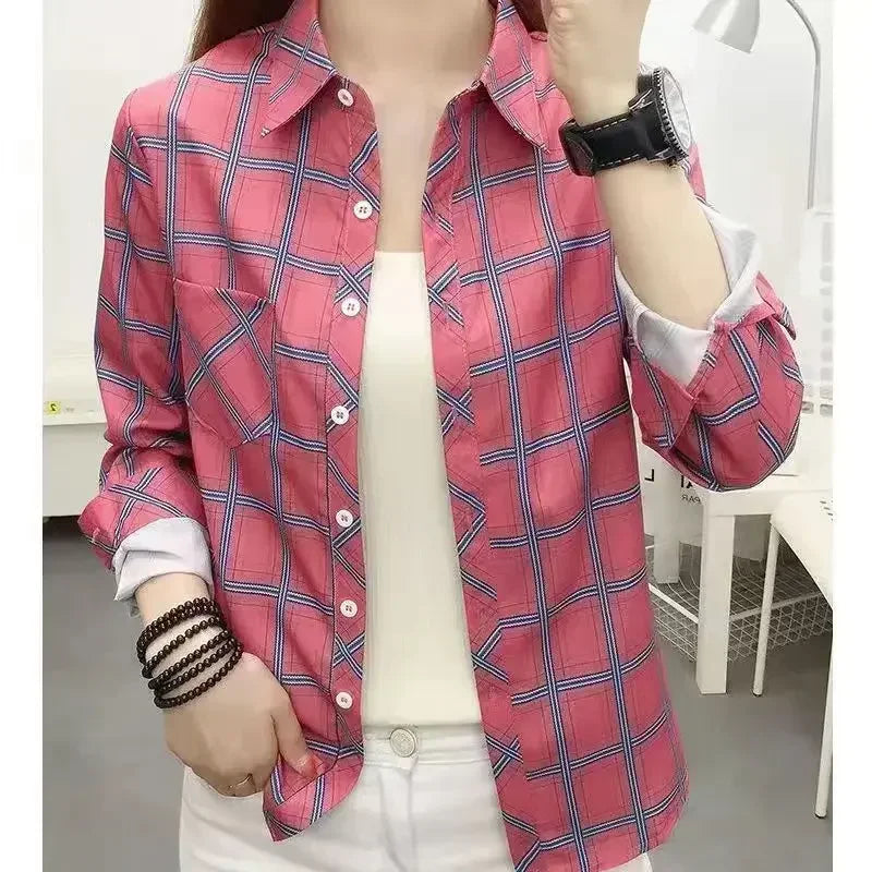 2024 Autumn New College Style Plaid Shirts Womens Long sleeve Button Down Casual Tops Loose Fashion Polo Neck Blouses