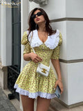 Clacive Summer Slim Print Women'S Dress 2023 Bodycon Doll Collar Short Sleeve Mini Dresses Elegant Lace Patchwork Female Dress