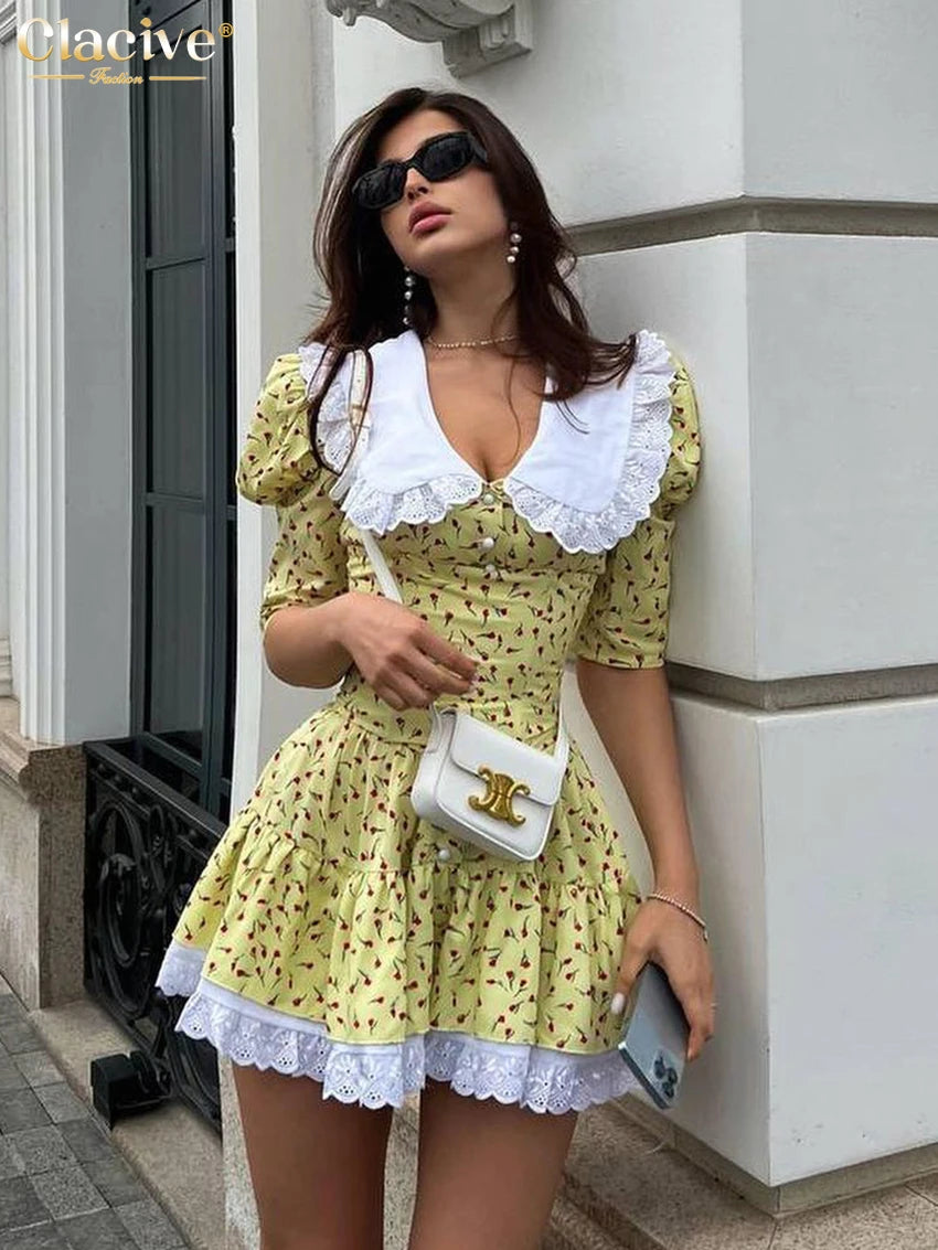 Clacive Summer Slim Print Women'S Dress 2023 Bodycon Doll Collar Short Sleeve Mini Dresses Elegant Lace Patchwork Female Dress