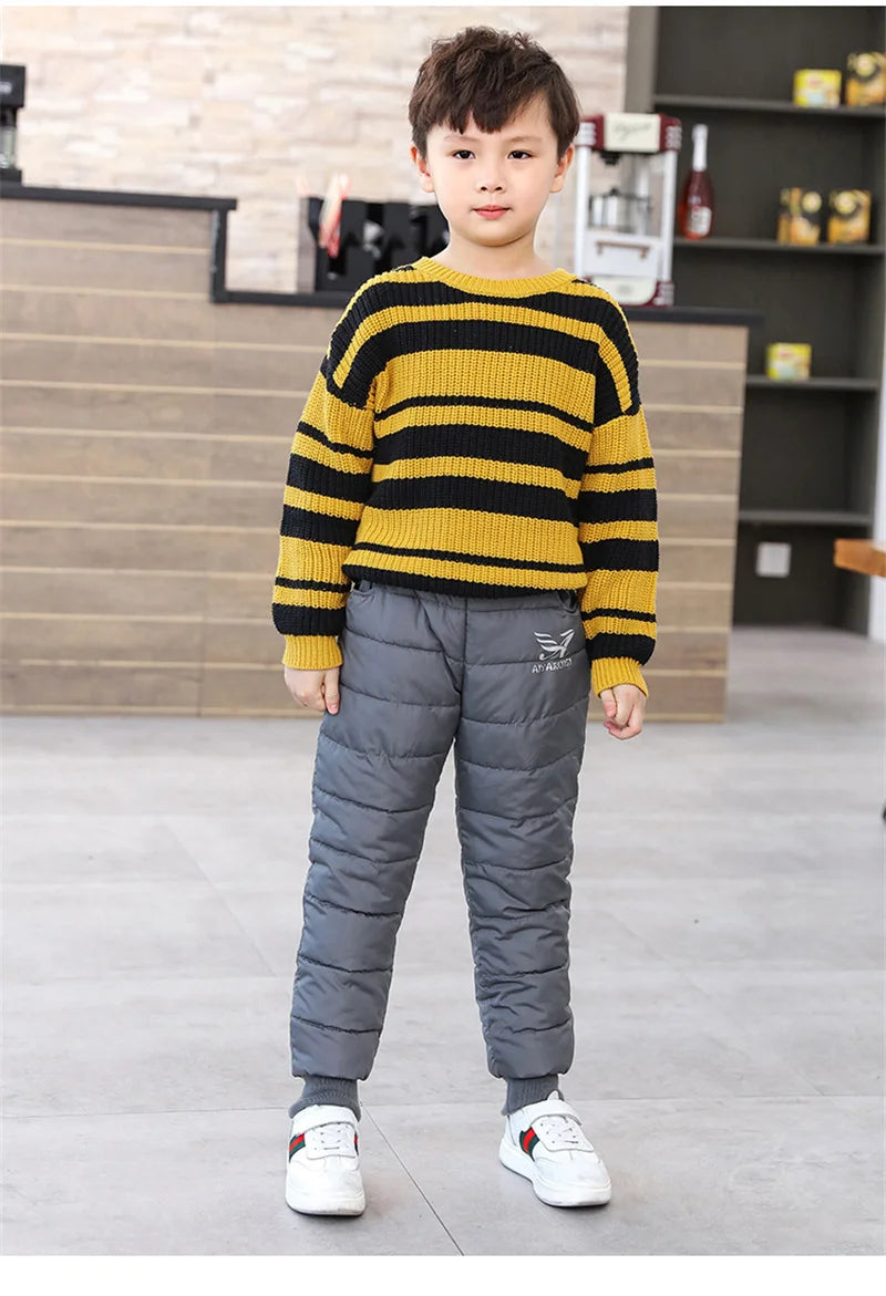 Winter Boys Thick Cotton Pants Fleece Padded Warm Trousers Kids Waterproof Ski Pants Elastic High Waisted Baby Girls Pant 2-12 Y