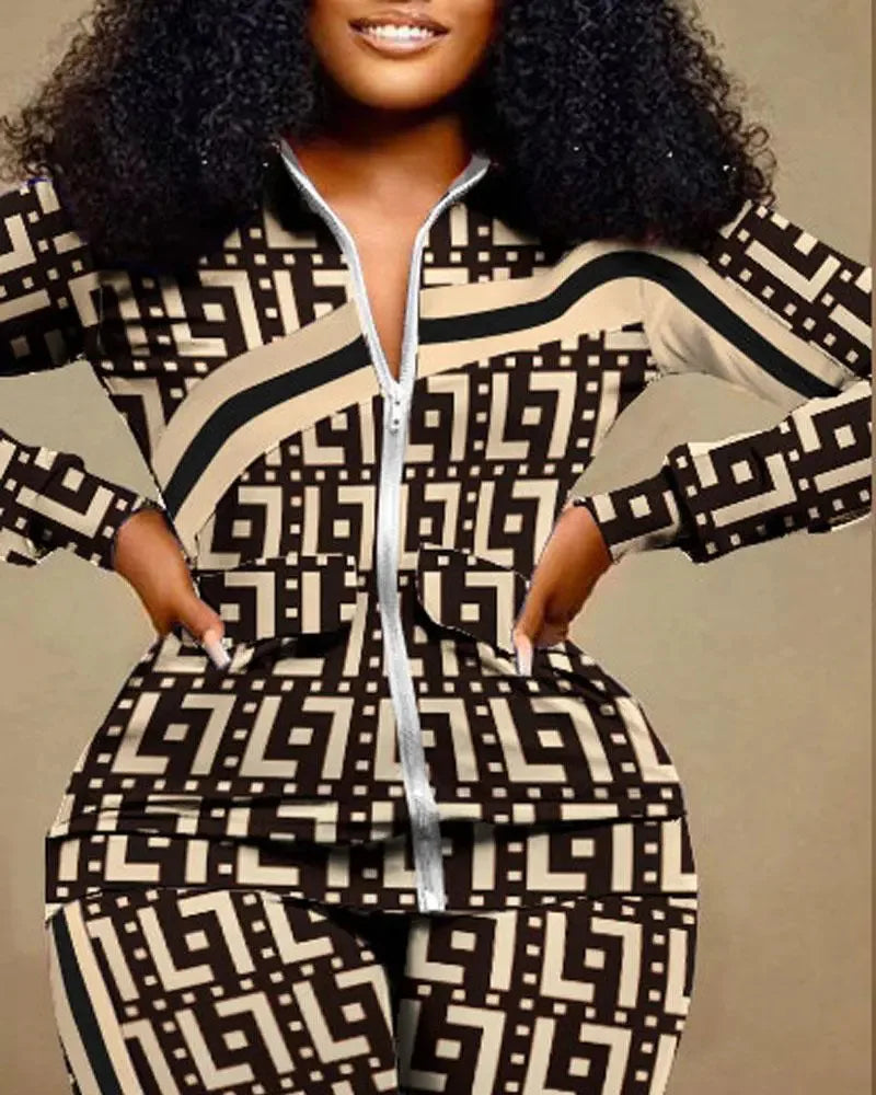 2023 Women Print Zipper Stand Collar Sheath Tops Two Piece Sets Full Sleeve Casual Long Straight Pants Set Autumn Winter