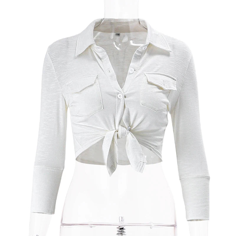 Candyhot Sweet Polo-neck Blouses Y2K Sexy Button Up Cardigan Long Sleeves Blouse Crop Tops Bandage Twist Knot Vest Women T Shirt