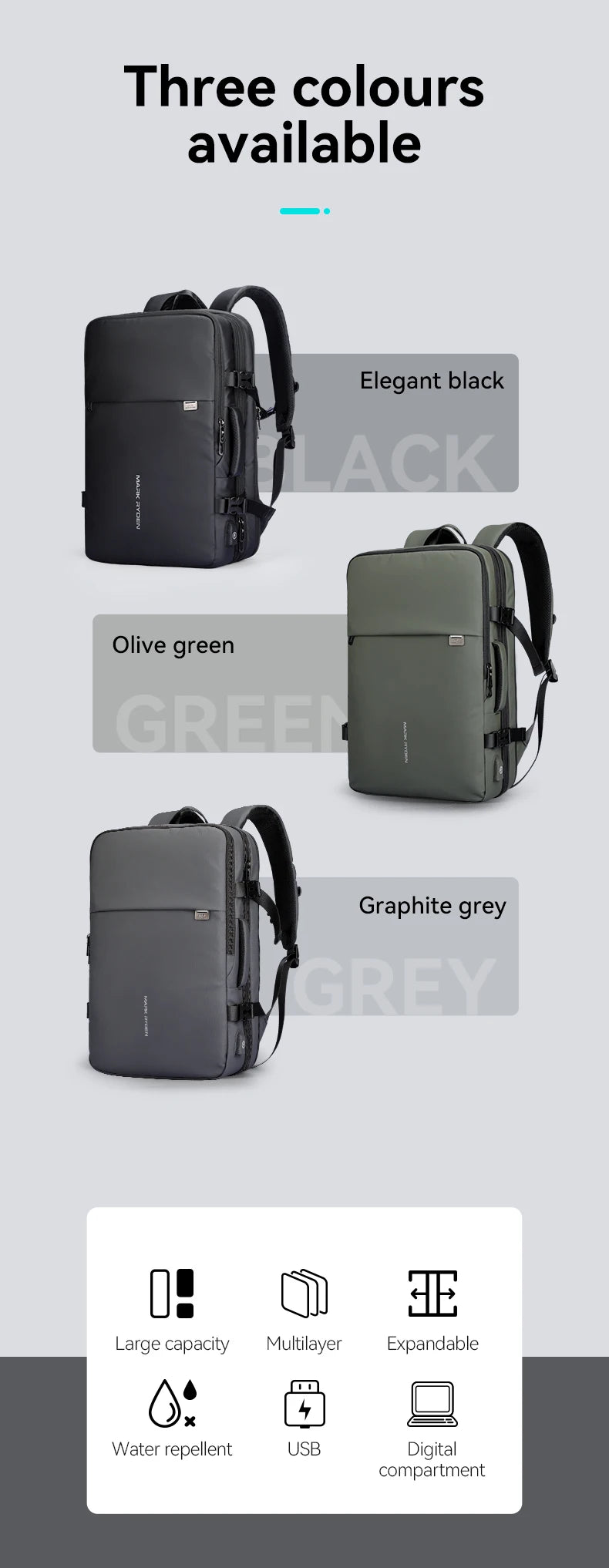 MARK RYDEN Large Travel Backpack Men Multi-functional 39L Expandable Airline Approved 17.3inch Laptop Backpack Ykk Zipper