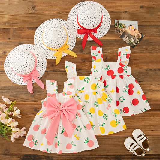 Baby Girl Dresses 2 Pieces Set Princess Hat Dress Summer New Girl Clothing Fruit Printed Bow Sweet Beach Party Baby Clothing