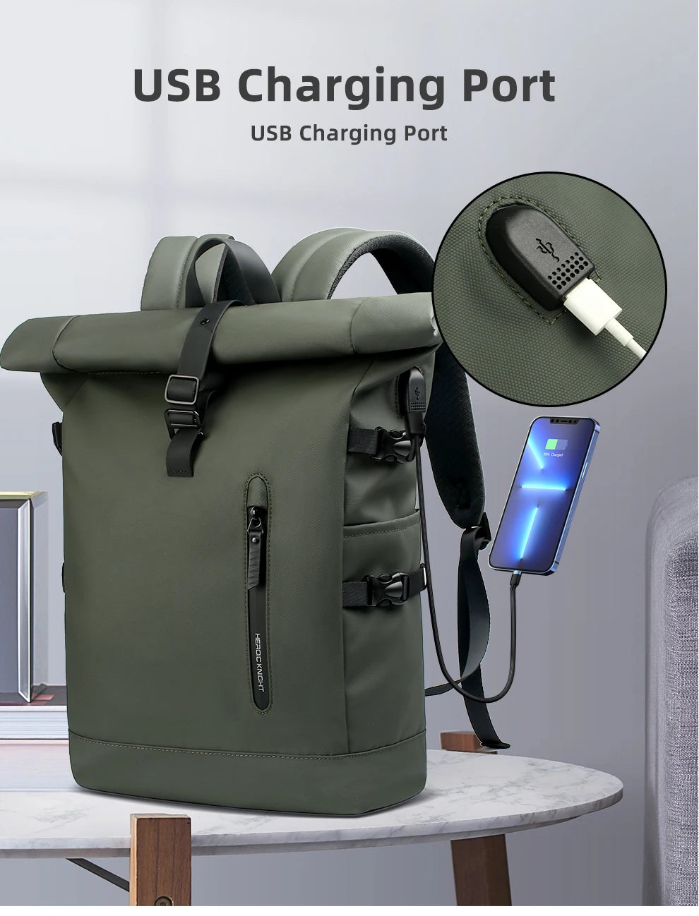 HK Expandable Waterproof Travel Backpack for Men Roll-Top Large Capacity 15.6 Inch Laptop Backpack with USB Hiking Camping Pack