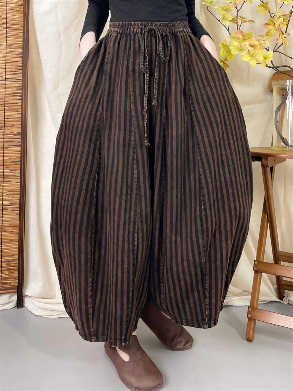 High Quality Cotton Linen Casual Pants Women New Arrival 2024 Autumn Vintage Style Striped Female High Waist Harem Pants M075