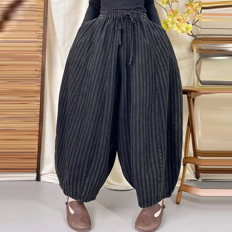 High Quality Cotton Linen Casual Pants Women New Arrival 2024 Autumn Vintage Style Striped Female High Waist Harem Pants M075