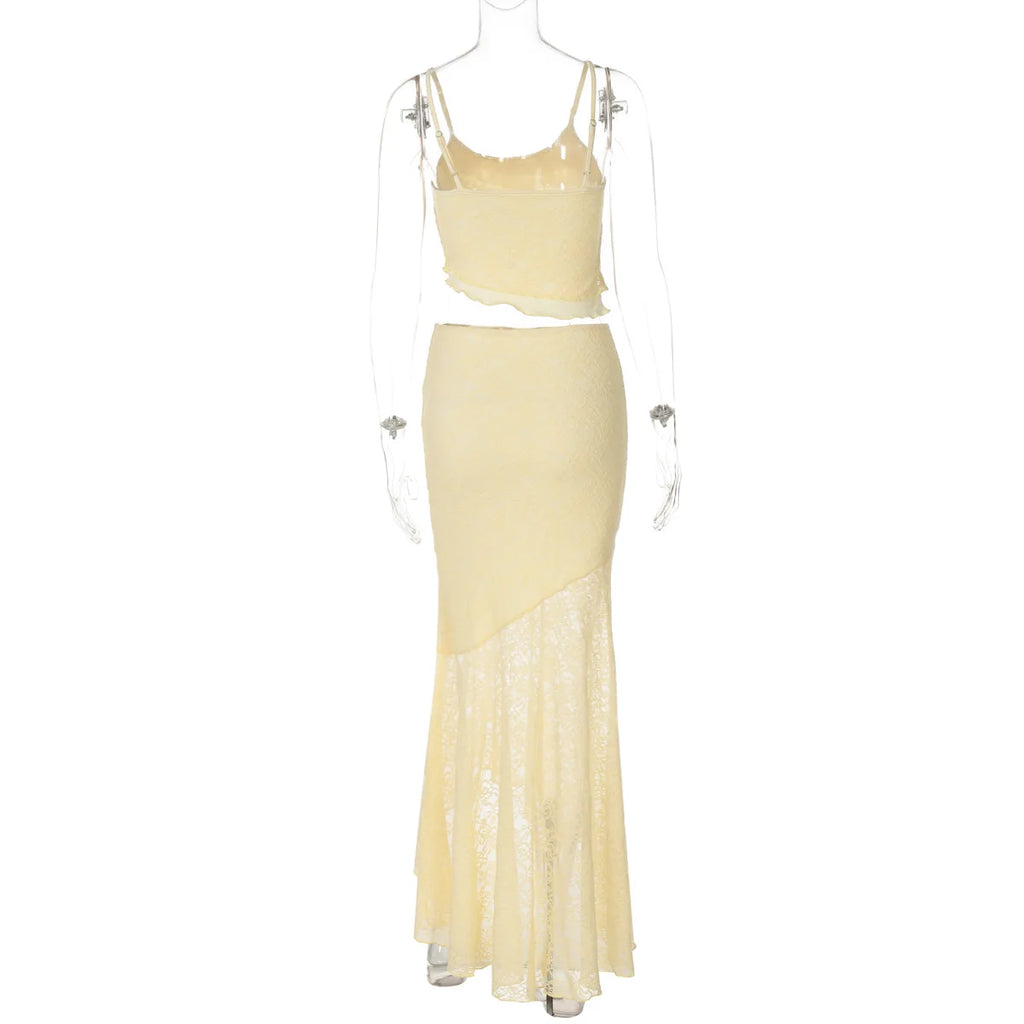 Tuularose Lace Sling Long Skirt Set Summer See-through Backless High Waisted Women Two Piece Sexy Beach Vacation Long Skirt Set