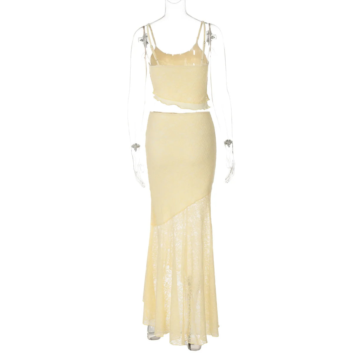 Tuularose Lace Sling Long Skirt Set Summer See-through Backless High Waisted Women Two Piece Sexy Beach Vacation Long Skirt Set