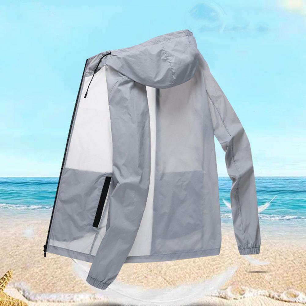 Men Summer Sunscreen Coat Hooded Thin Anti-UV Zipper Closure Solid Color Sunshade Long Sleeves Plus Size Fishing Men Summer Jack
