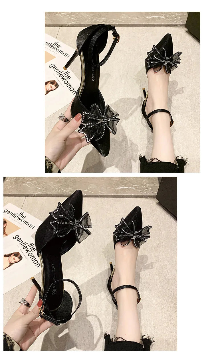 Crystal Wedding Shoes Bride Wedding Dress Two Wears  New Bow High Heels Women's Summer Slim Heels White Pointed Sandals  Women