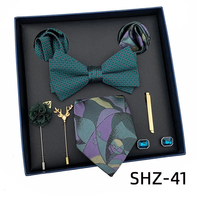 Vintage Green Men's Tie Set Luxury Neck Ties For Wedding Gift Bowtie Handkerchief Cufflinks Tie Clip Brooch Set For Male Necktie