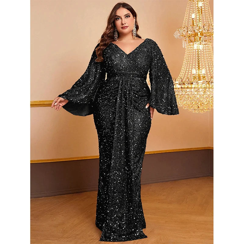 Plus Size Women's Long Sequin Dress, Plus Size, V Neck, Apricot, Shiny, Loose, Autumn, Evening Dress, Long Sleeve, 5XL, 6XL
