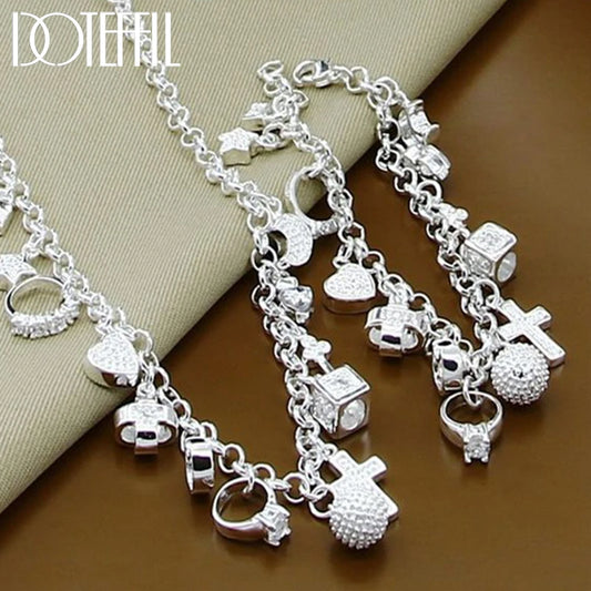 DOTEFFIL 925 Sterling Silver Heart Ball Cross Star Pendant Necklace Bracelets Set For Women Wedding Engagement Jewelry