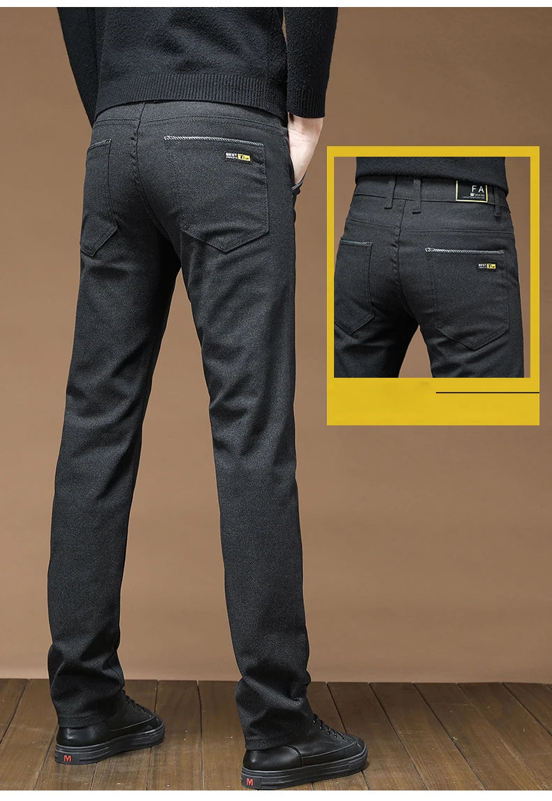 Winter Fashion Thermal Mens Casual Pants Fleece Lined Straight  Business Trousers Versatile Black Gray Blue Brand Trousers