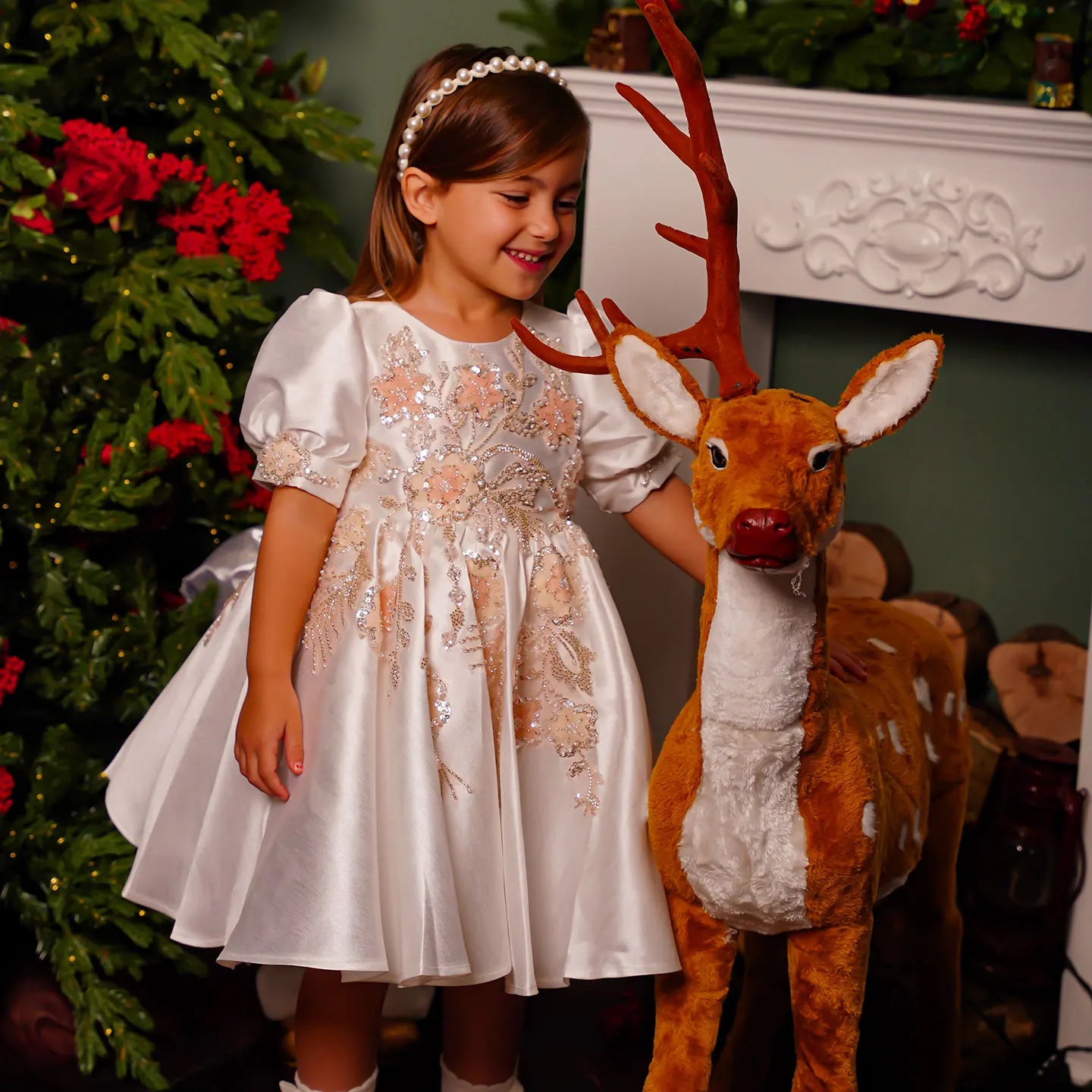 Jill Wish Luxury Off White Flower Girl Dresses Dubai Beading Sequined Princess Gown for Kids Wedding Birthday Party Pageant J085