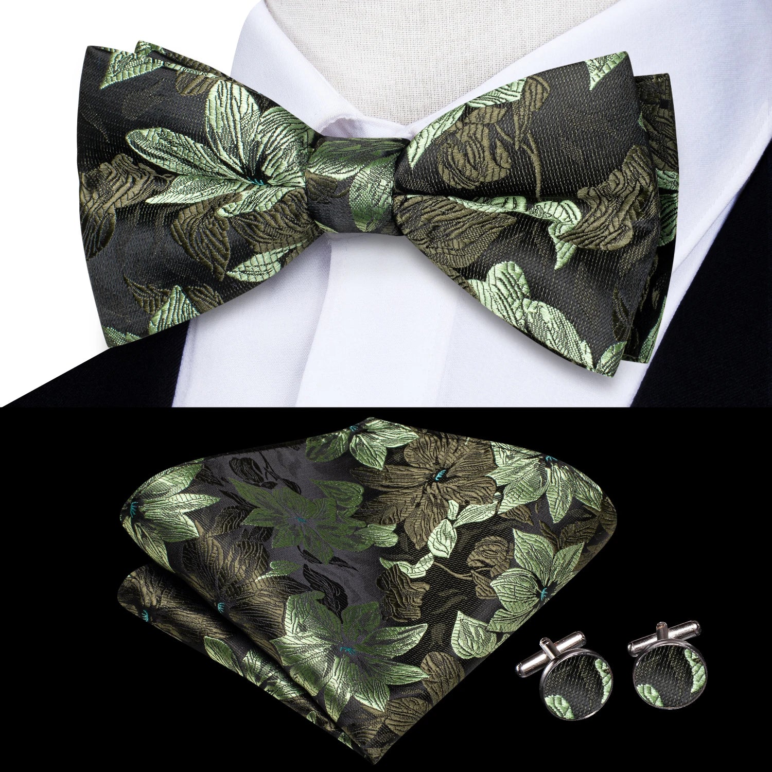Hi-Tie Pink Dot Silk Mens Pre-tied Bow Tie Hanky Cufflink Set Dusty Pink Butterfly Knot Bowtie for Male Wedding Business
