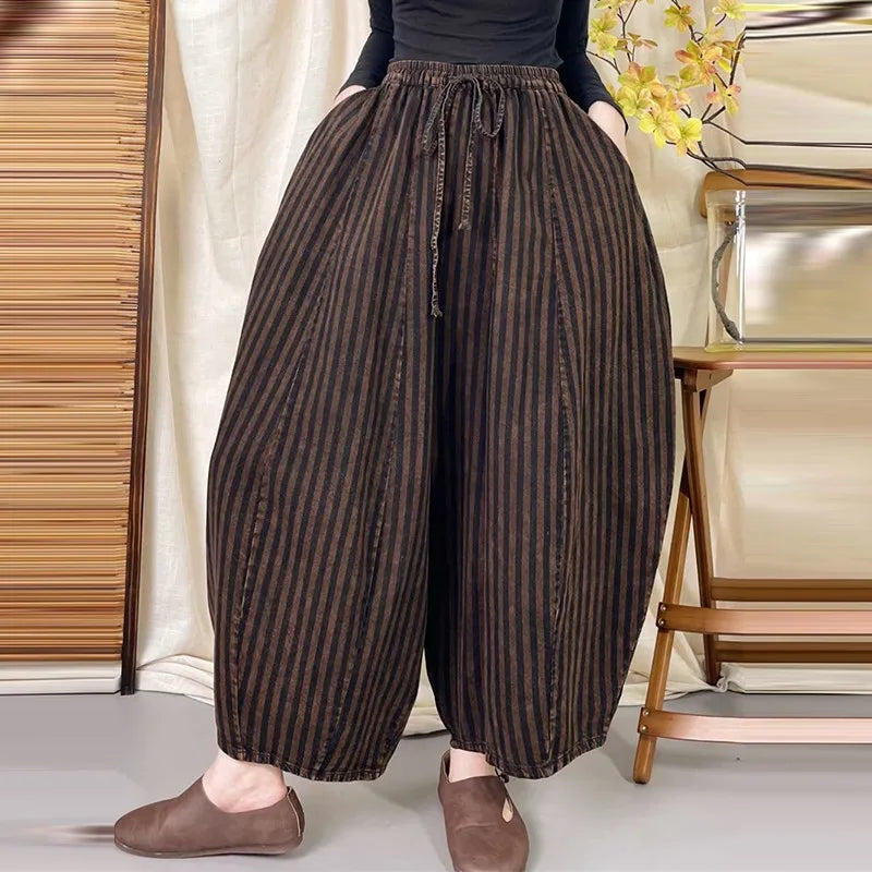 High Quality Cotton Linen Casual Pants Women New Arrival 2024 Autumn Vintage Style Striped Female High Waist Harem Pants M075