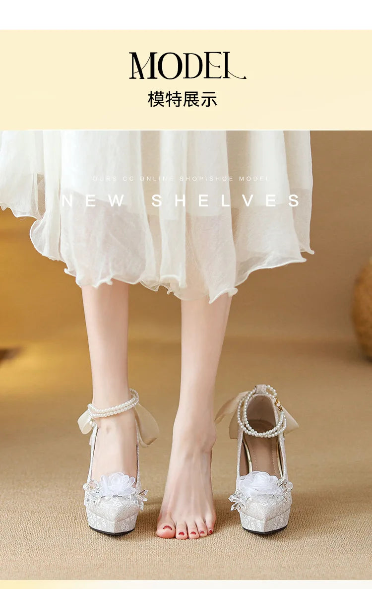 High heels, women's wedding shoes, Hexiu, two pairs of thick heels, beautiful ankle rings, pearl straps, bridal shoes