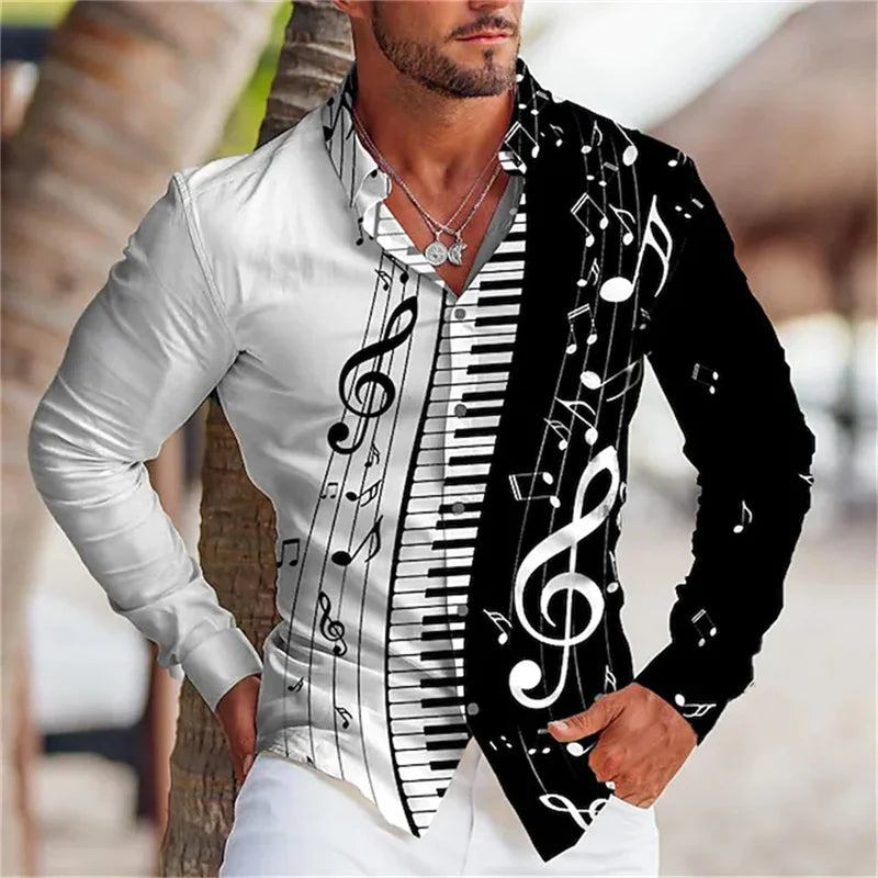 2023 Fashion Men's Shirt Music Note 3D Printing Lapel Button Top Long Sleeve Shirt Clothing   Comfortable  S-6XL