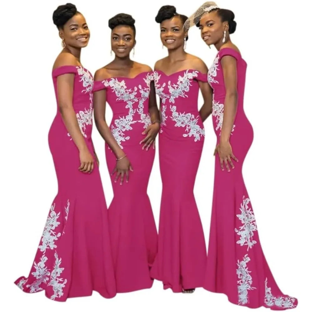 Burgundy Womens Off The Shoulder Mermaid Bridesmaid Dresses for Wedding Lace Satin Prom Dresses Long Formal Evening Gowns Africa