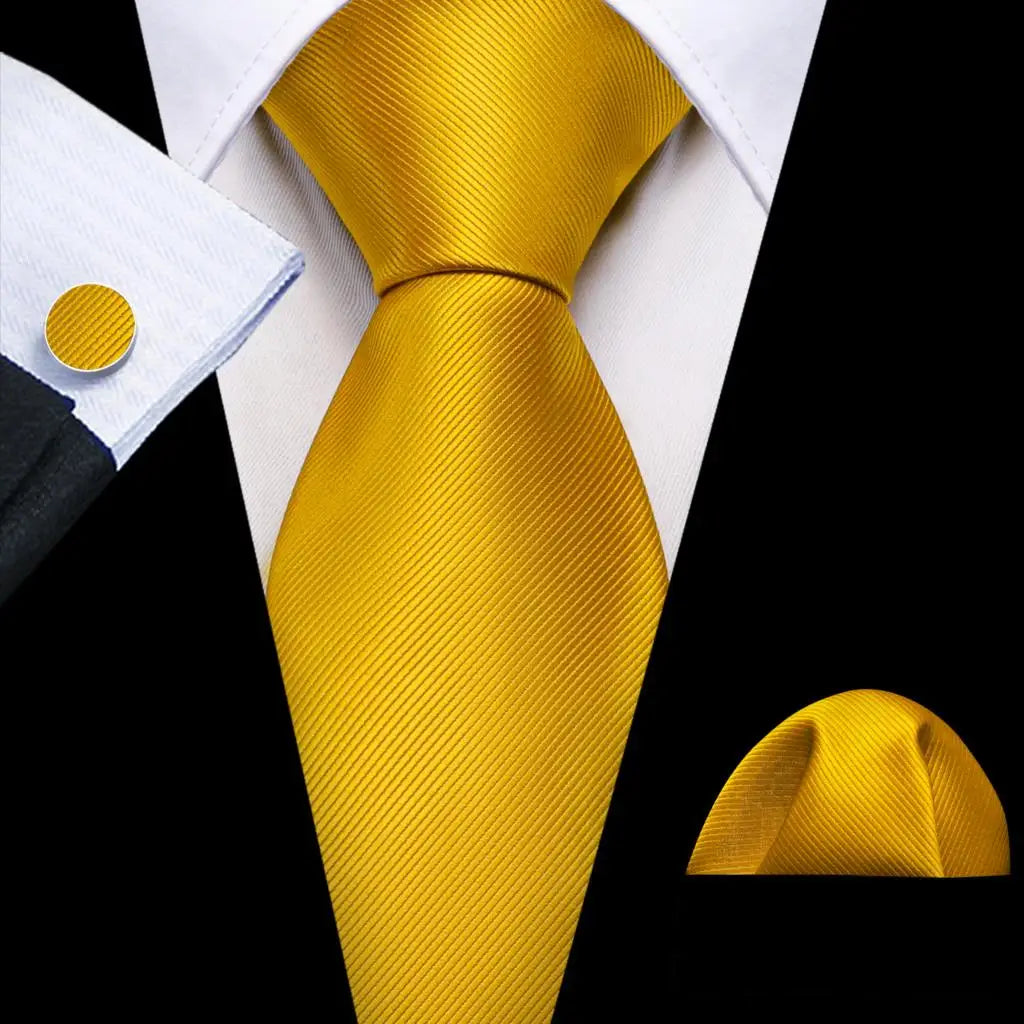 Barry.Wang Gold Beige Yellow Brown Tulip Silk Men Tie Handkerchief Cufflink Set Jacquard Necktie for Male Wedding Business Party