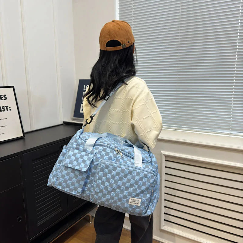 Fashion Large Capacity Checkerboard Pattern Duffle Handbag, Lightweight Travel Luggage Storage Bag, Portable Sports Fitness Bag