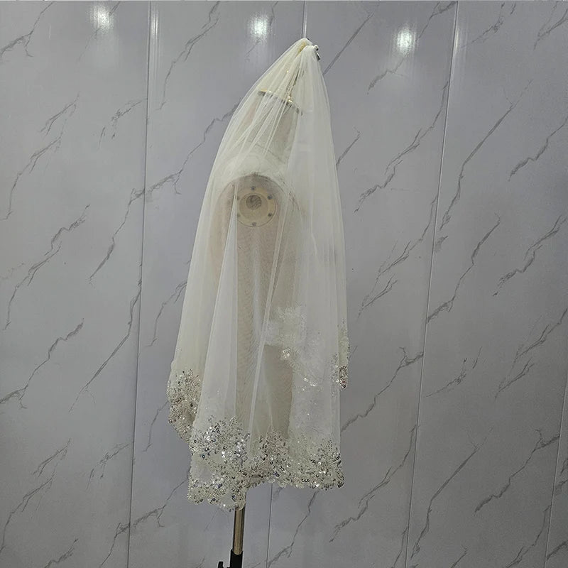 customizedSequin veil 2024 new shiny diamond short 2-layer wedding bridal accessories wedding powder blusher veil with hair comb