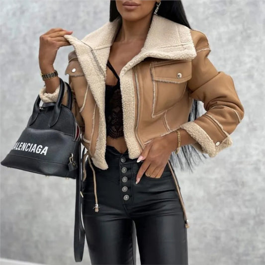 2025 Autumn Winter Women's Jacket New Fashion Lamb Fur Splicing Short Coat Zipper Motorcycle PU Leather Jacket Tops Female