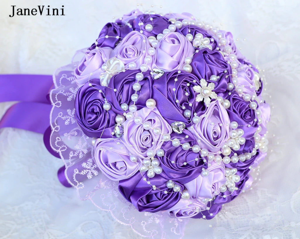 JaneVini Stunning Pearls Purple Flowers Bridal Bouquets Ribbon Handle Artificial Satin Roses Bride Bouquet Wedding Accessories