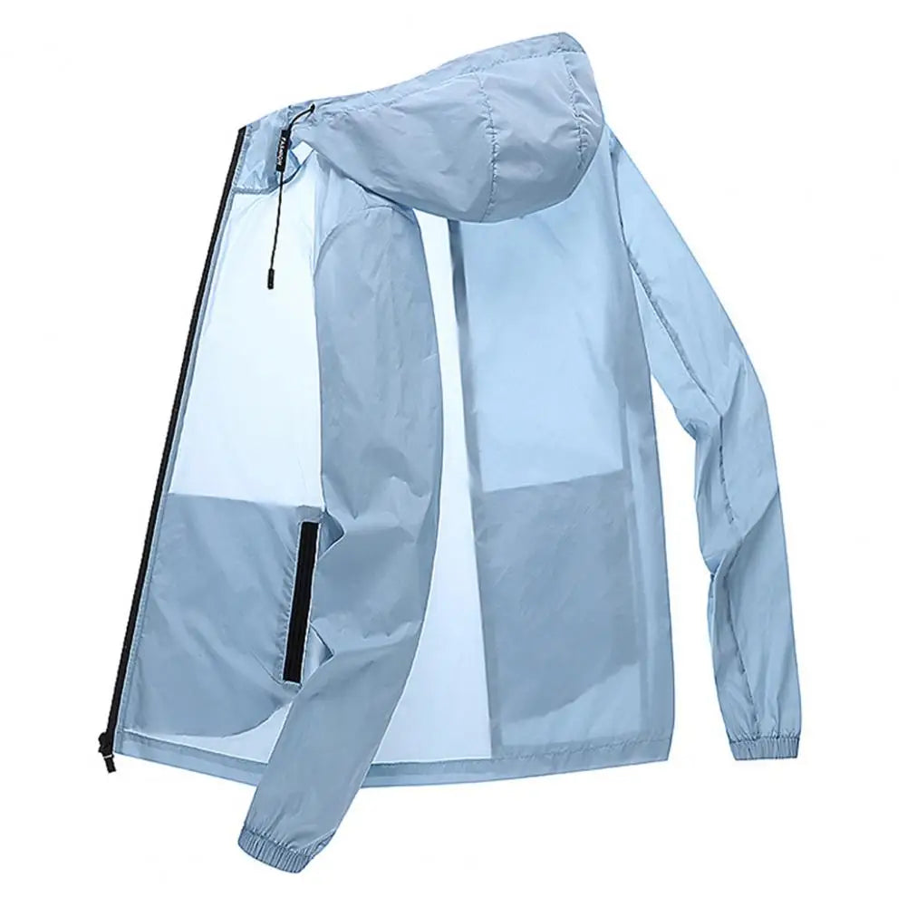 Men Summer Sunscreen Coat Hooded Thin Anti-UV Zipper Closure Solid Color Sunshade Long Sleeves Plus Size Fishing Men Summer Jack